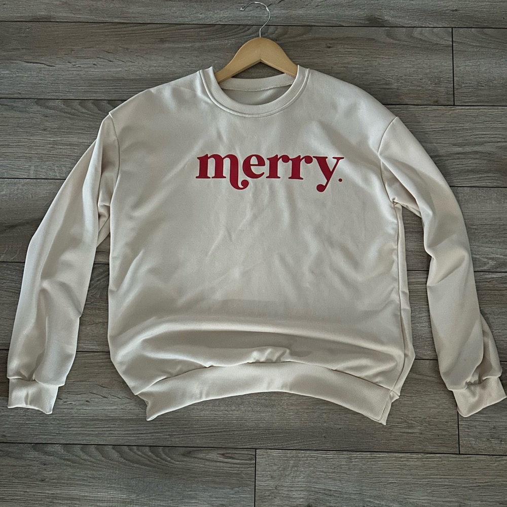 Festive Cream and Red Crewneck Sweater with Merry Design
